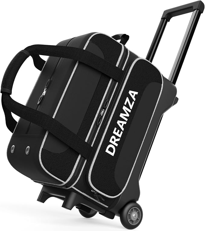 2 Ball Bowling Bag with Wheels, Double Bowling Ball Bag 2 Ball Roller w/Separate Compartment for Shoes Up to US Mens Size 16, w/Retractable Handle Extends to 40" & Accessories Pocket