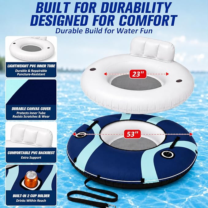 ZEALFEEL River Tube, 53'' River Float Tube with Premium Canvas Cover, Comfortable Backrest, 2 Built-in Cup Holders, Tow Strap & Handles, Inflatable PVC Water Inner Tubes for Adults Lake Pool Floating