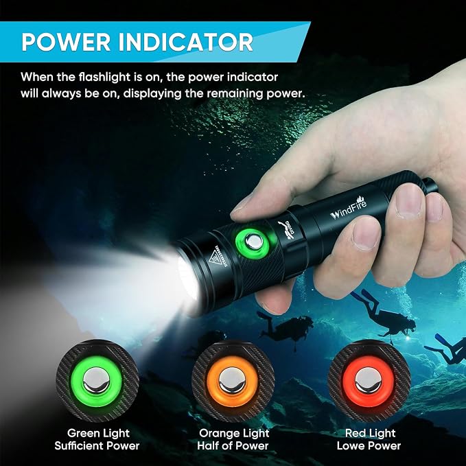WindFire Dive Lights Scuba Diving Flashlight, IP68 Waterproof 262 ft Underwater Flashlight, Rechargeable Snorkeling Spotlight Torch with 4 Modes & Power Indicator for Night Diving, Caving
