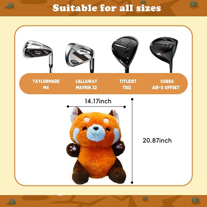 Cute Red Panda Golf Headcover, Animals Plush Golf Club Head Covers, Small Size Fits Hybird and Irons, Large Size Fits Standard 460cc Driver Head