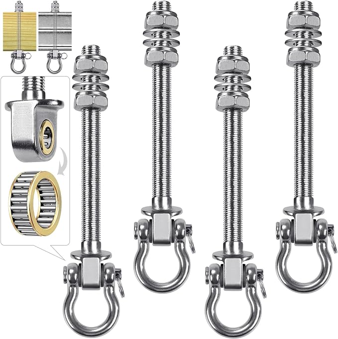 Dolibest Swing Hangers with Bearing - 4 Pack Stainless Steel 304 Swing Hooks for Wood & Metal Beams, Ideal for Hanging Hammocks, Yoga Swings, Porch Swing, Boxing Bag 1500 LB Capacity -7''x M2/5''