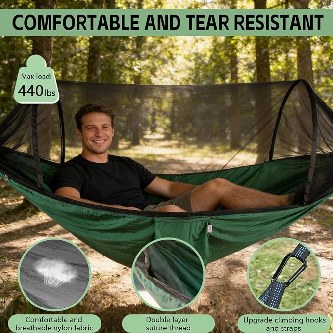 Camping Hammock with Mosquito Net - Double & Single Portable Hammocks with 2 Tree Straps, Lightweight Hammock Tent for Outdoor Camping, Hiking, Backpacking, Beach & Backyard (Dark Green)