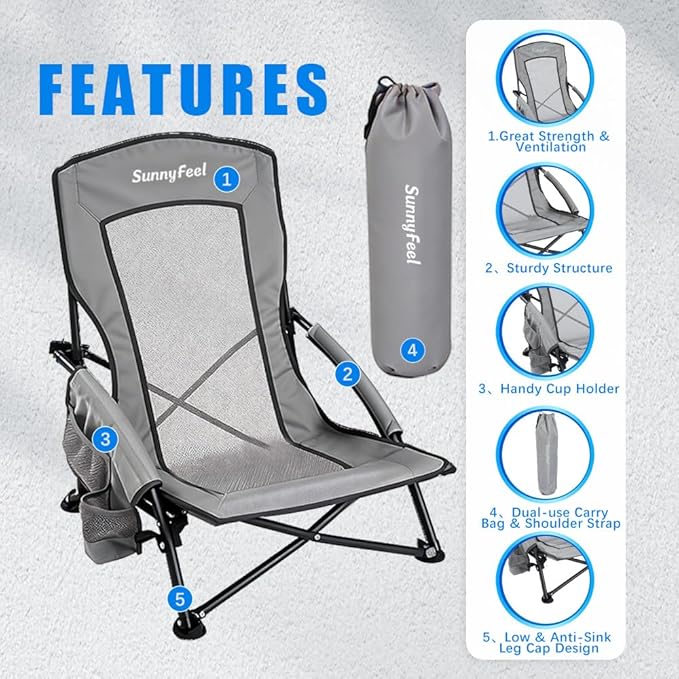 SUNNYFEEL Folding Low Camping Beach Chair 2 Pack, Lightweight Portable Lawn Chair with Mesh Back, Cup Holder for Outdoor/Travel/Picnic/Concert, Foldable Camp Backpack Chair with Carry Bag