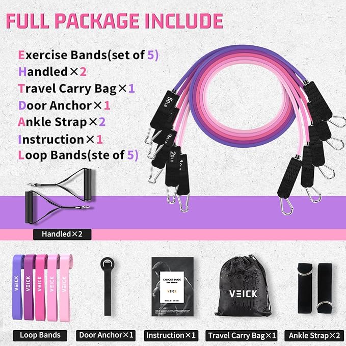 VEICK Resistance Bands Set, 10-150 LBS Stackable Exercise Bands with Handles, Ankle Straps & Door Anchor, Workout Bands for Home Gym, Yoga, Pilates, Physical Therapy for Men Women