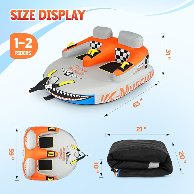 Towable Tubes for Boating - 2-3 Person Shark Battle Tank, Boat Tubes & Towables, EVA Foam Pads, Drainage, Super Safe Handle, Quick Connector