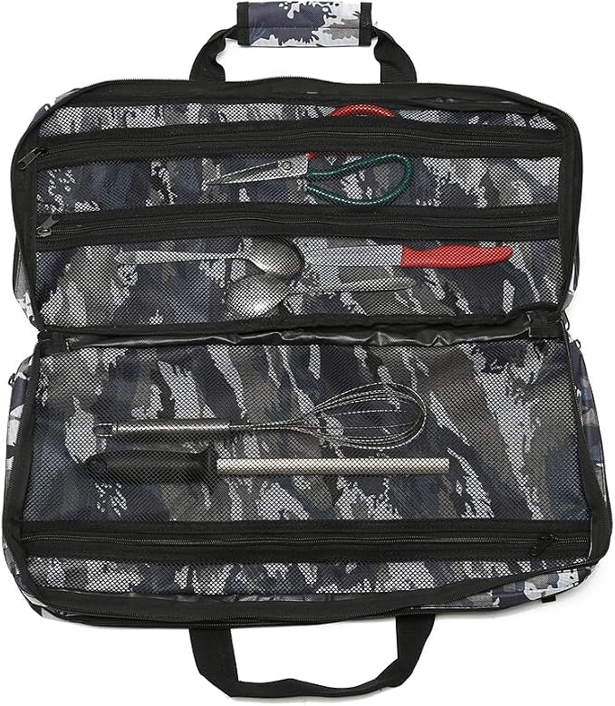 EVERPRIDE New 4 Section CAMO Professional Knife Bag for Chefs Hunting Fishing Camping Holds 20 Knives 4 Storage Compartments with Shoulder Strap Laptop/Tablet Padded Slot - Knives Not Included