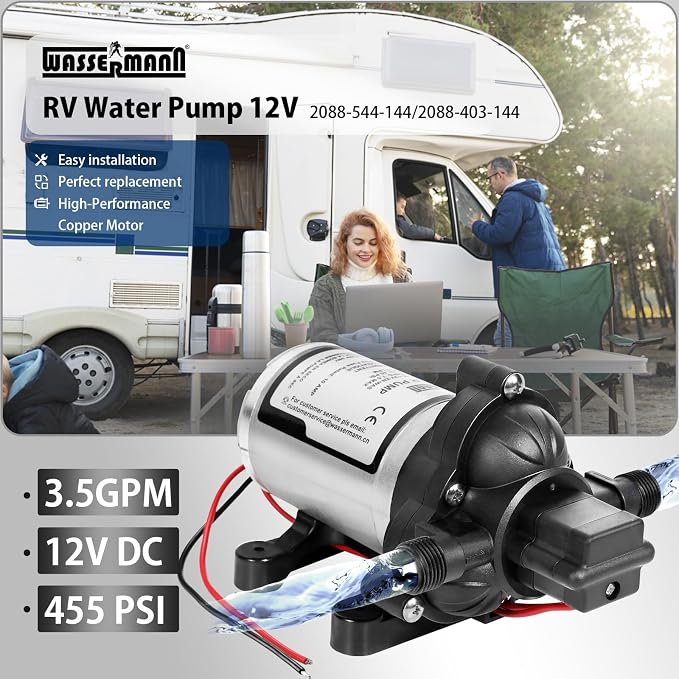 WASSERMANN RV Water Pump 12V DC 2088-554-144 Replacement, 3.5 GPM 45PSI, Quiet Water Pump for RV, Camper, Self-priming RV Water Pressure Pump, Food Truck Travel Trailer RV Water Pumps with Acessories