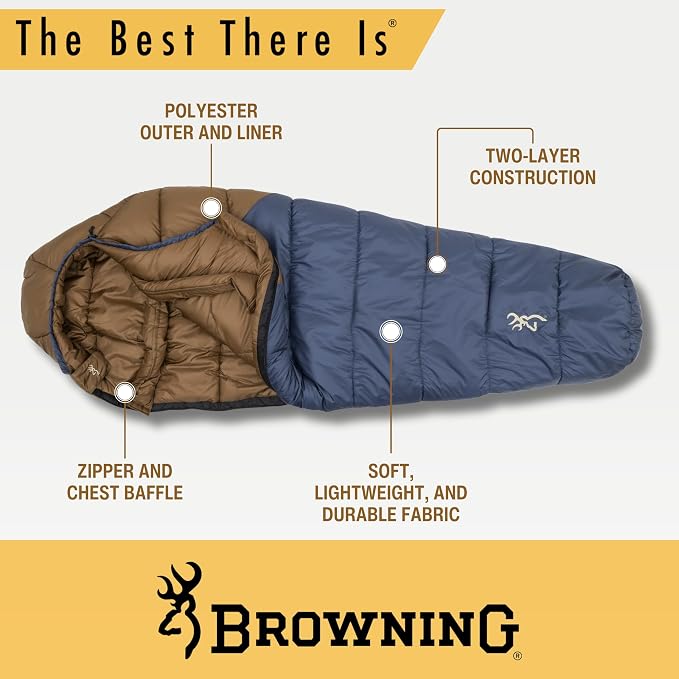 Browning Discover Sleeping Bag – Extreme Cold Weather Mummy Sleeping Bag with TechLoft Silver Insulation, Draft Collar & Durable Shell for Winter Camping, Backpacking & Outdoor Adventure