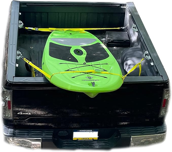 SecureMyCargo - Kayak & Paddleboard Truck Bed Strap – Fast 30‑Second Tie‑Down System for Pickups–Secure SUP, Canoe, or Kayak Without Ratchets or Knots – Deluxe Kit w/Anchor‑Point Extension Straps