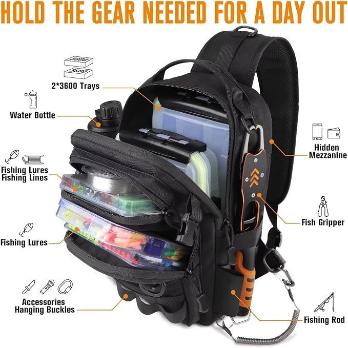 Dovesun Small Fishing Backpack with Tackle Boxes Fishing Sling Bag DIY Embroidery Patches Tackle Bag Gift for Men Black