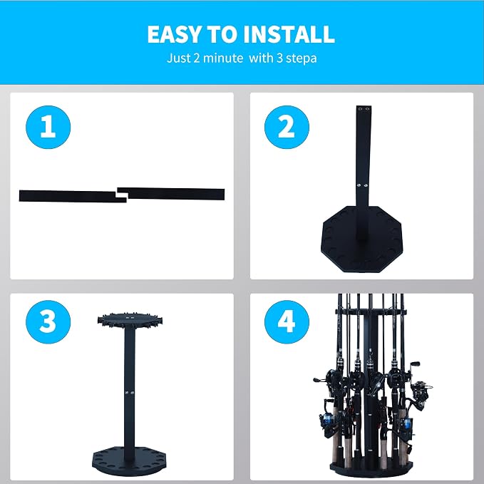 360° Rotating Wood Fishing Rod Holder, Black Round Fishing Pole Rack, Floor-Standing Fishing Rack Stores 16 Rods, Fishing Pole Storage Organizer for Garage, Basement, or Shed, Easy to Install