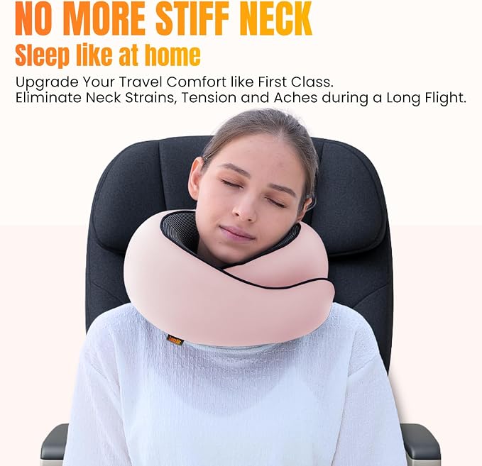 LOEXAIR™ Travel Pillow, Neck Pillow Travel for Airplane, Car - 100% Cotton Fabric & Memory Foam Plane Pillow, Lightweight & Easy-to-Carry on Flight, Full Travel Set (Eye Mask, Earplugs) - Sakura Pink