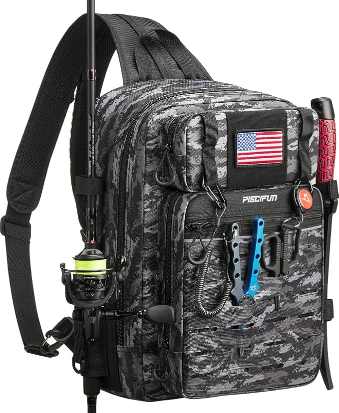 Piscifun Fishing Backpack Tackle Bag with 2 Rod Holders, Multi-Compartment Storage, MOLLE System, Water-Resistant Lightweight Outdoor Pack