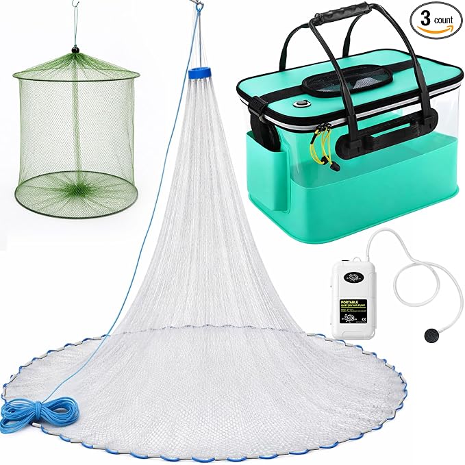 3 Pcs Fishing Bucket, Live Bait Aerator and Fishing Cast Net with Heavy Duty Sinker Foldable Live Bait Bucket Portable Quiet Aerator Fish Transport Container Outdoor EVA Bag