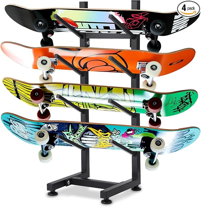 BiJun Skateboard Racks Floor Stand, 4-Layer Skateboard Holder,Snowboard Storage Rack, Skateboard Organizer Floor Stand for Deck, Longboard, Snowboard, Standard Skateboards, Mini Cruiser Skateboard