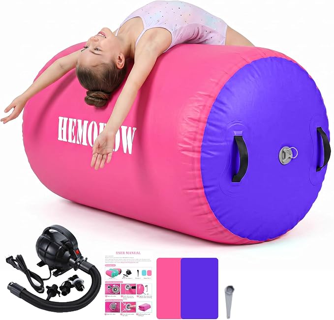 Inflatable Gymnastics Air Barrel Roller with Electric Pump, Heavy Duty PVC Tumbling Barrel Back Handspring Trainer, Air Tumble Track Mat for Home Gym, Cheerleading, Yoga Practice