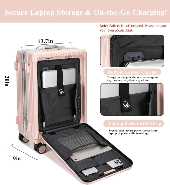 feilario 20in Aluminium Frame Zipperless PC Hard Shell Spinner Wheels Luggage, Built-In TSA lock Carry on Suitcase, with Cup Holder, USB Port, Phone Holder