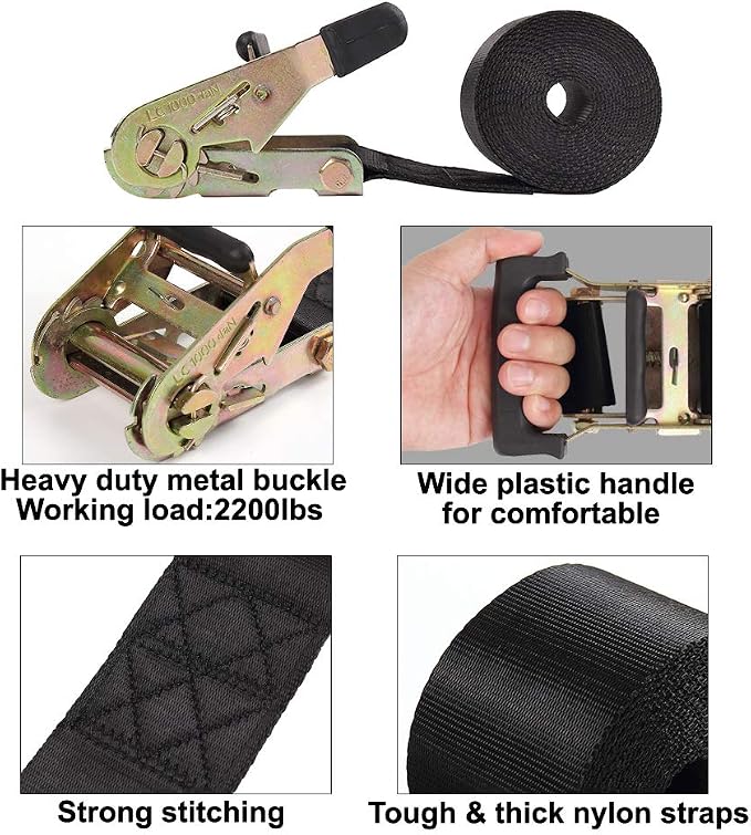 Endless Ratchet Tie Down Straps Heavy Duty Cargo Tie Downs, Sturdy Nylon Black Strap Down Ratcheting Securing Straps, Track Spring Fittings, Tie-Down Motorcycles, Trailer Loads, Kayak