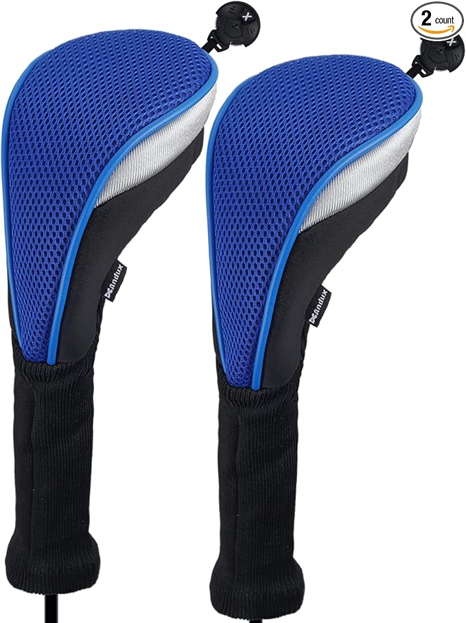 Andux 2pcs Long Neck Golf Hybrid Club Head Covers Dial No. Tag CTMT-02 | Mesh Breathable material | all the Same Size | Coloured Piping | Pull-On Closure