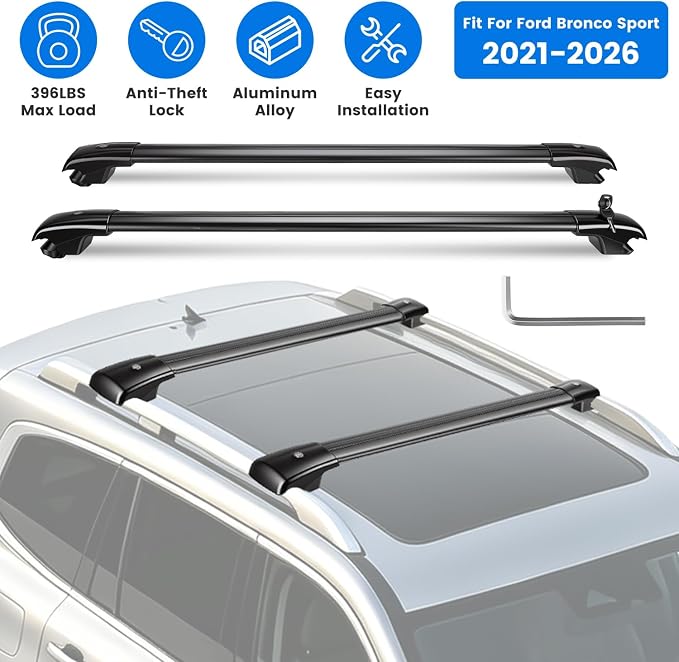 KOCASO Roof Rack Cross Bars Fit for Ford Bronco Sport 2021-2026 On-Road Off-Road Aluminum Lockable Car Roof Crossbar Set for Factory Raised Side Rails 396LBS Capacity for Luggage Kayak Bike