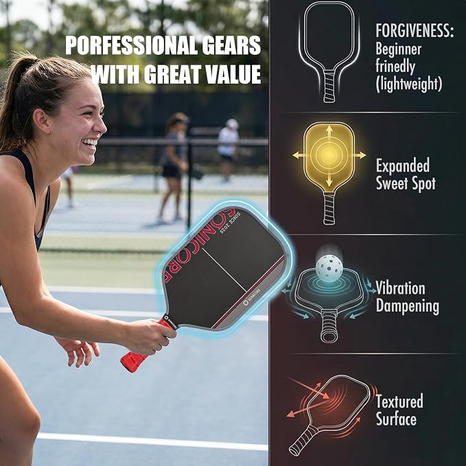 Pickleball Paddle Set, T700 Carbon Fiber, 16mm Core for Control & Spin, Includes 1 Paddle, Paddle Sleeve Cover, 2 Wristbands & 1 Grip Tape | Sonicore CourtVibe