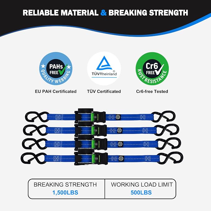 Retractable Ratchet Straps(4PK 1.0INX12FT) - 1,500lb Break Strength, Ratchet Strap Heavy Duty with Rubber Coated Handle, Perfect Auto Ratchet Straps for Motorcycle,Trucks (Blue)
