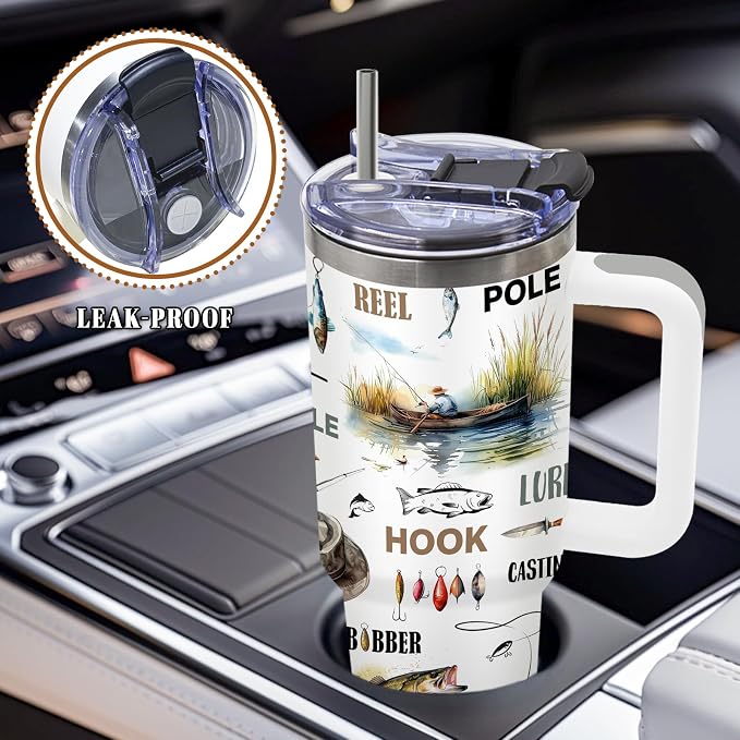 DUUV Fishing Tumbler 40oz, Insulated Fish Cup Gift for Dad Boy Man | Just a Who Loves Fishing Tumbler Leakproof, Fish Print Water Bottle, Birthday Fathers Day Ideal Gift for Fisherman, 1 Pack