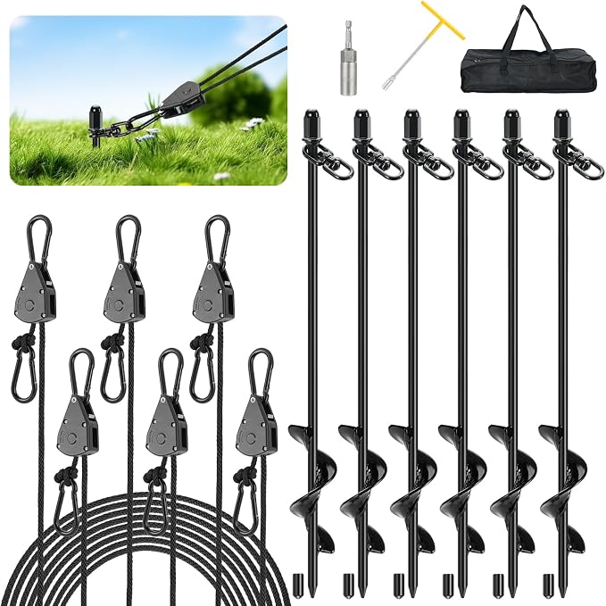 Tinnmao 6-Pack 17.7" Tent Stakes Heavy Duty, with 8" Ratchet Tie Down Straps (1/8" φ) Kit for High Wind, 8mm Solid Steel Spiral Ground Anchors Screw in for Tarp | Canopy | Sand Beach Camping Tent