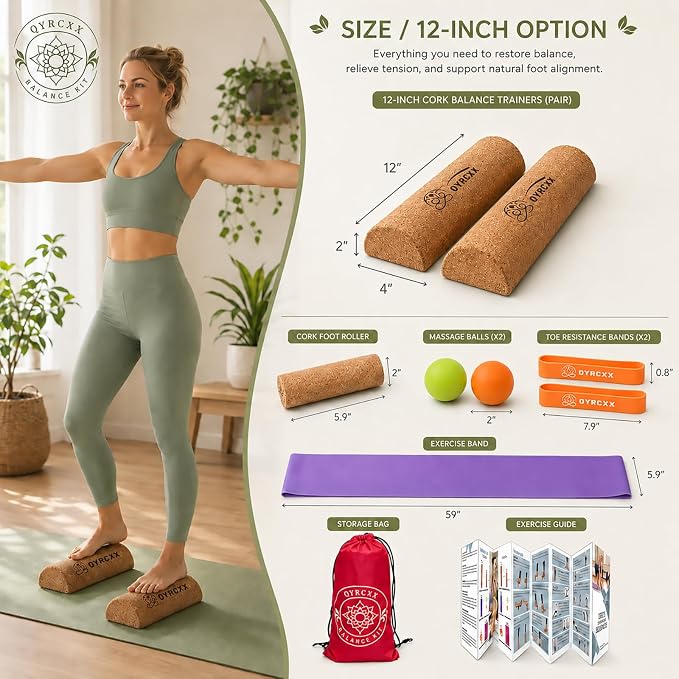 Foot & Ankle Strengthener Kit Cork 4-in-1 Balance Board with Accessories | Foot strength trainer kit, improves balance, ankle stability training, mobility exercise tool, toe resistance bands included