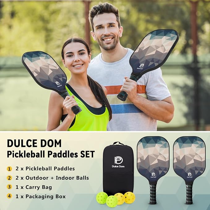 Dulce DOM Pickleball Paddles Set of 2/4 - USAPA Approved, 4 Indoor Outdoor Pickleball Balls, Fiberglass Surface Paddle Racket with Cover Bag, Ideal Training Equipment Gift for Men & Women