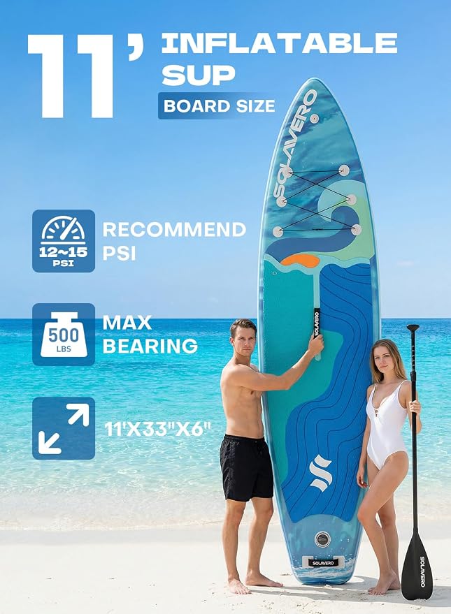 SOLAVERO Stand Up Paddle Board, 11‘ Inflatable SUP Supports 500LB - Wide Stable Board with Non-Slip EVA Deck for Adults & Youth of All Skill Levels