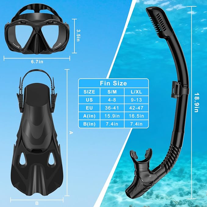 Snorkeling Gear for Adults, Mask Fin Snorkel Set, Dry Top Snorkel Mask, Panoramic View Anti-Leak Anti-Fog 3 in 1 Snorkeling Kit Travel Diving Package with Storage Bag