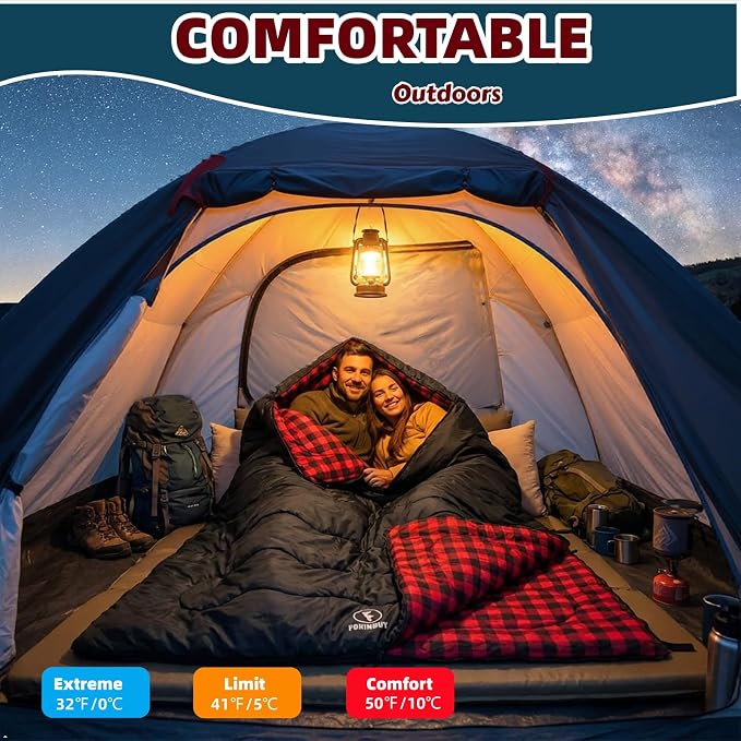 0 Degree Flannel Double Sleeping Bag for Adults, Couples or Family - Winter Queen Size Waterproof & Warm 2-Person Sleeping Bag for Cold Weather Camping, RV Travel