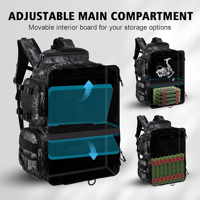Goture Fishing Backpack,900D Water-Resistant Tackle Backpack with Rod Holders, SBS Zippers,45L Large Fishing Bag Storage Gear Tackle Bag with Rain Cover, Bottle Holder for Travel Camping Hiking