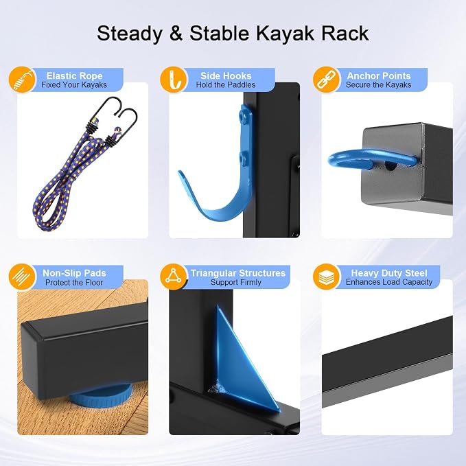 Kayak Storage Rack, Heavy Duty Freestanding Kayak Racks for Garage and Outdoor Storage, Storage Rack Adjustable for Kayak, Canoe, Surfboard & Paddle board (2 Levels for 2 Kayaks)