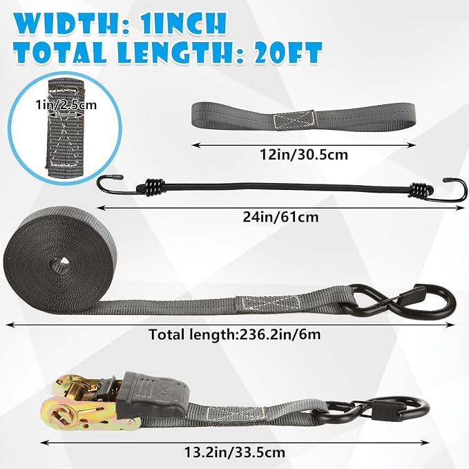 4 Pcs 1 Inch Ratchet Straps Heavy Duty 20ft Tie Down Straps Ratchet with Hooks, 2645 LBS Break Strength, Blue Cargo Ratcheting Straps for Motorcycle Straps Tie Downs, Trucks, Dark Grey