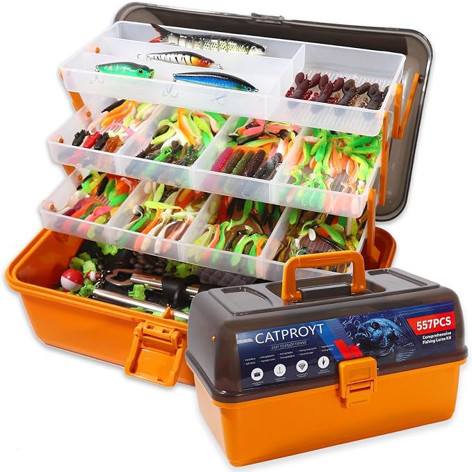 557Pcs Large 4-Tray Tackle Box with Tackle Included - Professional Fishing Gear Kit with Fish Gripper, Pliers, Hook Remover - Bass Fishing Lures Set, Gift for Men Kids