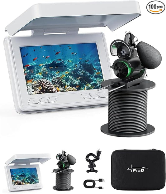 FourQ Underwater Fishing Camera, 220° Ultra-Wide Angle Video Fish Finder with 4.3" HD LCD Monitor, 5000mAh Battery, 65ft Waterproof Cable & IR Night Vision for Ice Lake Boat Kayak Fishing (65FT)