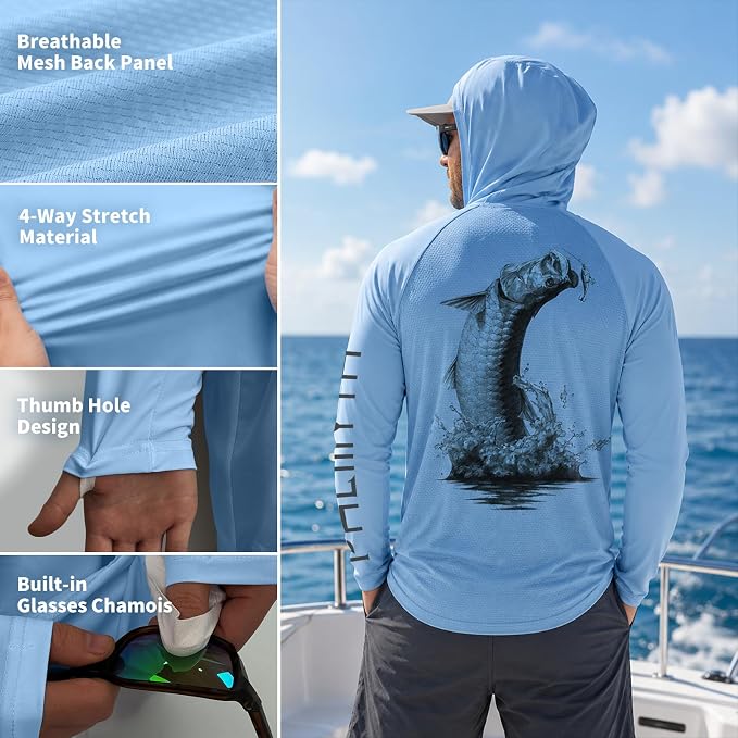 Palmyth Men's Fishing Hoodie Shirt UPF 50+ Quick-Dry Breathable Long Sleeve | Long Sleeve Fishing Shirt, UPF 50+ Sun Protection, Quick-Dry Fabric, Breathable Mesh Back, Built-in Face Mask, 4-way Stretch