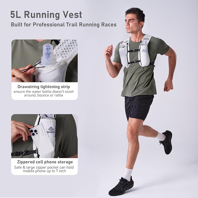 Running Vest for Women Men, 5L Hydration Vest with Dual 500ml Soft Flask, Lightweight Water Backpack, Adjustable Chest Straps Running Hydration Backpack for Running Cycling Hiking