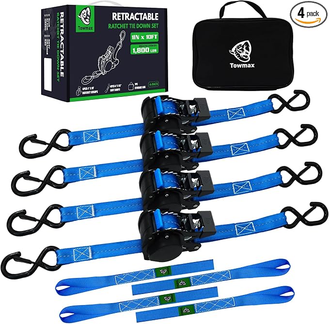 Retractable Ratchet Straps (Patented-4pack) - 1 inch x 10Feet (1,800lb Break Strength) Auto Self Retracting Tie Down Straps - Self Retractable Straps with Refletcive for Motorcyle, Truck or Cargo