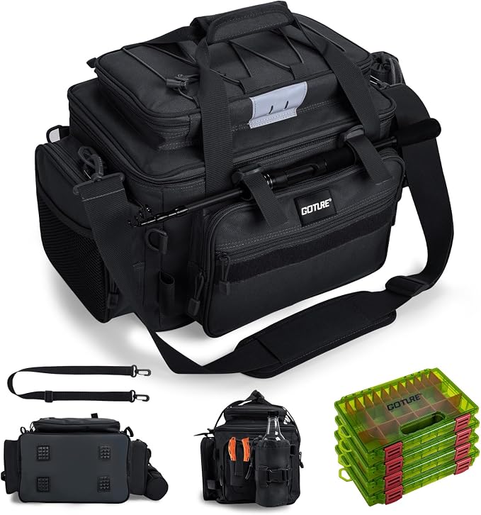 Goture Fishing Tackle Bag with 4PCS 3600 Tackle Boxes | 600D Water-Resistant, Rod Straps, Detachable Bottle Pouch,Waterproof Bottom, Freshwater & Saltwater Gear Storage Fishing Bag