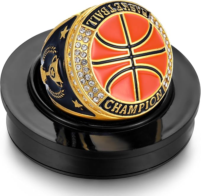 Highergo 1 PC Champion Mvp Rings Baseball Soccer Basketball Volleyball Football Softball Trophy Ring with Display Stand and Neck Chain Size 11 for Winner Tournament Award Gift(Baseball)