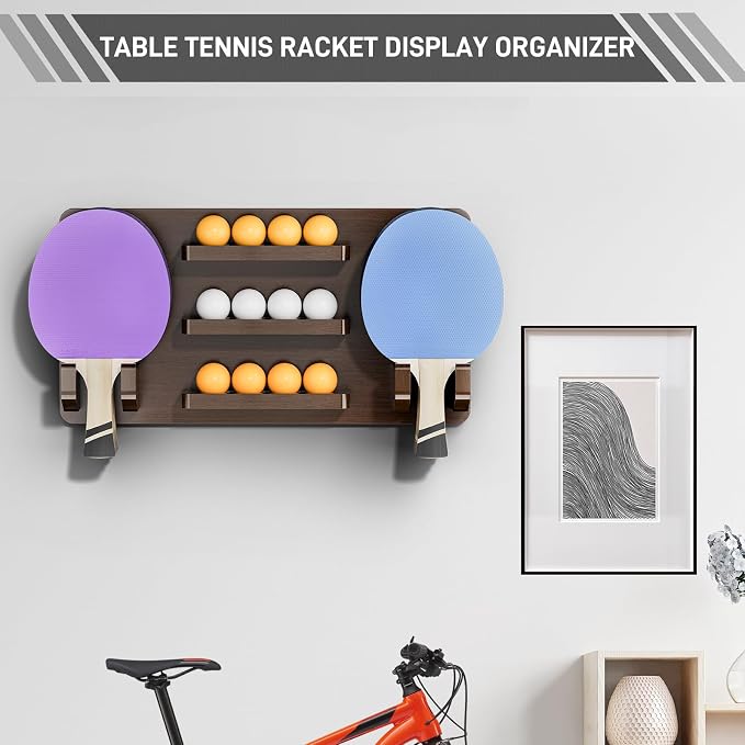 Ping Pong Paddle Holder for 8 Paddles and 12 Ball Storage, Wooden Table Tennis Racket Display Wall Mount Storage Rack, Ping Pong Accessories Organizer in Game Room,Man,Cave,Office,Home, Brown