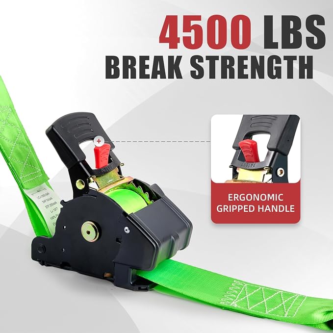 Retractable Ratchet Straps 2" x 10ft, 4500 lbs, Heavy-Duty Tie Down Straps for Truck Trailer, Green, 2 Pack