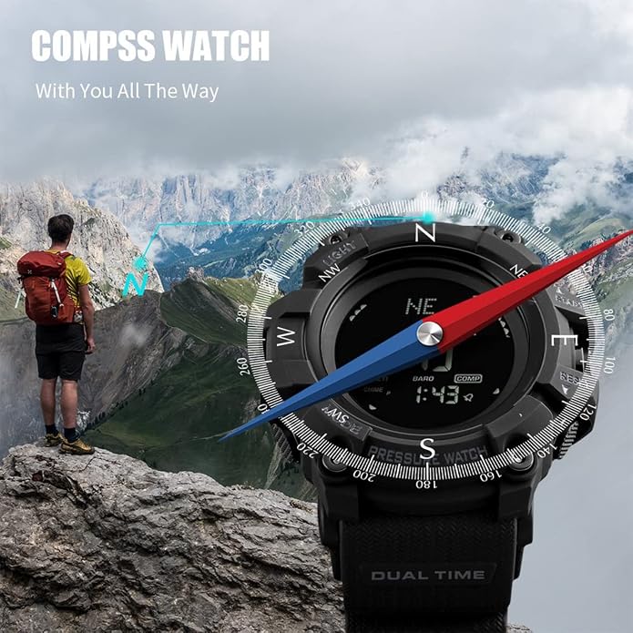 Watch Compass, Altimeter Barometer Thermometer Temperature, Pedometer, Military Army Waterproof Outdoors Sport Digital Watch for Men