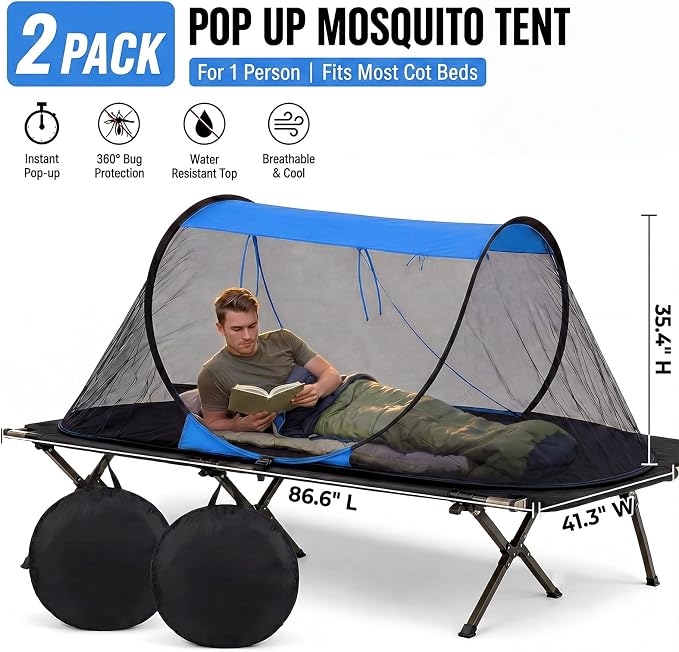 2 Pack Pop up Mosquito Tent for Camping 1 Person Instant Setup Foldable Bug Net Cot Tent with Ground Pin Portable Waterproof Screen Net for Cot Bed Hiking Summer Beach Outdoor