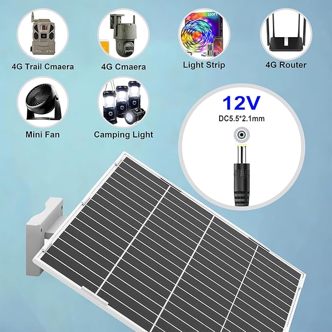 20Watt Solar Panel Kit with Built-in 31200mAh Battery Output: 12V/1A Features 9.8ft DC 5.5 * 2.1mm Ports Compatible with Security Cameras, Outdoor Lights & More