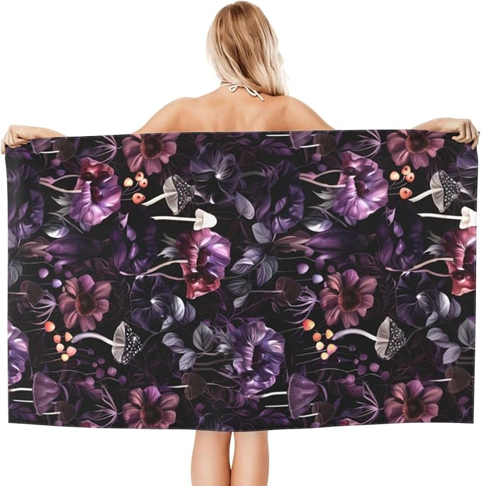 Gothic Dark Botanical Mushroom Beach Towel, 32x52in Microfiber Quick Dry Floral and Fungi Goth Bath Towels, Soft Lightweight Oversized Sand Free, for Travel Pool Swimming Gym Decor, Gifts