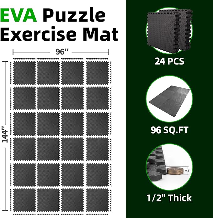 Art3d 24 Pack 24" x 24" EVA Interlocking Exercise Mats, 1/2" Thick Foam Puzzle Flooring for Workout, Gym Equipments, Training Areas, 96 Sq.FT, Black
